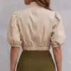 2026 Europeu e Americano transfronteiriço novo design gravata borboleta cor sólida manga lanterna blusa com gola alta casual camisa curta para mulheres