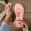 Novo~ Estilo de Verão Novo Tamanho Grande Feminino Étnico Boêmio com Contas Bico Redondo Versátil Rasteirinha Respirável Casual Sandália