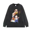 Camiseta de manga corta estilo callejero europeo y americano, acabado desgastado, corte holgado, camiseta con estampado de anime, manga larga