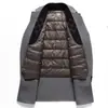 Casaco de lã masculino de comprimento médio, dupla face, jaqueta de lã espessa de inverno com forro de plumas removível, vestuário masculino casual de negócios