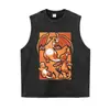 Camiseta Manga Curta Estampada Lavada Textura Retro Desgastada Streetwear Americano Oversized Ombro Caído Gola Redonda Pulôver Manga Curta