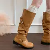 Botas altas apiladas para mujer con hebilla de cinturón estilo coreano, nuevas botas de caballero vintage otoño 2026, botas de moda de punta redonda y tacón plano