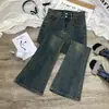 Jeans skinny feminino primavera novo cintura alta stretch slim fit casual retro cinza cimento calças calças flare