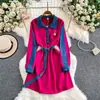 Vestido de Mezclilla Patchwork con Solapas Inspirado en Celebridades para Mujer, Otoño e Invierno, con Cinturón de Corbata, Delgado de Longitud Media, Elegante y Adecuado para el Trabajo