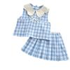 Vestido Azul Xadrez com Gola Peter Pan para Meninas Verão 2025 Novo Estilo Laço Estilo Princesa Sem Mangas Vestido Colete Tendência