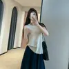 Elegante chaleco de punto sin mangas en capas de Tencel-lino con abertura trasera y botones de concha para mujer, nuevo modelo 2026