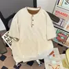 Camiseta de Manga Corta con Cuello Henley Cosida a Mano para Hombre y Mujer, Camiseta de Manga Tres Cuartos Holgada de Marca de Moda, Top Casual de Gama Alta Americano
