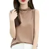 Nova Camisa Base de Gola Alta Outonal com Gola Sobreposta Cor Sólida Sem Mangas Top de Tricô com Lã Penteada Emagrecedora