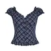 Camiseta Y2K para mujer, top de cuadros retro de nicho europeo y americano con bordes festoneados y mangas abullonadas, escote en V sexy, estilo ballet francés, adelgazante