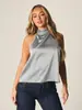 Bestseller transfronterizo europeo y americano: Blusa de seda de alta gama con cuello halter y volantes, cuello alto, hombros descubiertos, corte holgado, adelgazante y elegante.