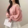 Malha Tricotada Vazada Pulôver para Mulheres Verão Estilo Coreano Ombro Caído Fenda Solta Redutora de Idade Blusa Manga Longa Proteção Solar Top Fino