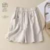 Novos shorts de algodão e linho de alta qualidade para o verão para mulheres, cintura elástica, corte em A de perna larga, soltos e casuais, cor sólida, comprimento de cinco pontos