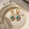 Pendientes Ovales de Turquesa con Microincrustaciones de Circonita en Cobre, Pendientes de Lujo Ligero Estilo Chino Nuevo Retro, Pendientes de Estilo Étnico de Moda para Mujer