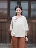 26 Verano Nuevo Retro Casual Holgado Camisa Estilo Chino Bloque de Color Botón de Hilo Pullover Camiseta