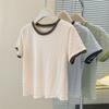 Camiseta Corta de Tiro Real Europeo y Americano de Manga Corta para Mujer Verano Ajustada Estilo Coreano Camiseta Básica con Borde de Oreja de Madera Top de Media Manga