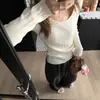 Suéter de punto de manga larga con cuello en U para mujer, primavera/otoño, elegante, entallado en la cintura, corte ajustado, favorecedor, top básico, tacto de alta gama