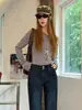 UNBDNS Camiseta de Manga Larga a Rayas de un Solo Hombro Estilo Retro Americano de Alta Gama para Mujer Otoño Nueva Ajustada Transpirable Tendencia