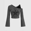 Estación Europea Transfronteriza Retro Estampado Estrella de Cinco Puntas Cuello Inclinado Ajustado Base Manga Larga Deseo Puro Sexy Top Ajustado