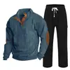 Cross-border masculino outono e inverno novo sportswear duas peças veludo cotelê botão henry camisa e calças retas terno casual