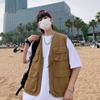 Chaleco de verano japonés para hombre, holgado, estilo americano, estilo retro de calle, sin mangas, con múltiples bolsillos, funcional, para uso exterior.