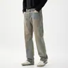 Jeans de Calle Americanos para Hombres Mayores Rectos Casuales Retro Pantalones Teñidos de Barro Amarillo Pantalones Sueltos Tendencia