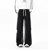 Calça Jeans Preta Fluida para Homens, Calça Casual Tendência High Street Estilo Americano com Cordão e Cintura Elástica, Calça Longa Levemente Flare para Casais