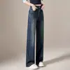 Jeans vintage desgastados para mujer para otoño, de cintura alta, pierna ancha, adelgazantes, con efecto bigote, deslavados, fluidos, pierna recta, pantalones de largo hasta el suelo