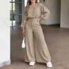 Top corto de moda casual para mujer con cuello en V y manga abullonada y pantalones anchos de cintura alta, adecuados para el uso diario, atuendo de otoño