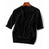 Blusa Feminina de Renda Vazada com Manga Curta 2026 Novo Estilo Primavera/Verão com Gola Meio Alta Estilosa e Mangas Bufantes Versátil