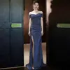 Vestido Azul de Lantejoulas de Um Ombro para Candidatas a Performance Vocal, Deslumbrante Vestido de Noiva Estilo Sereia com Fenda Longa para Mulheres