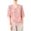 Real Shot Linen Top Verão Artístico Bordado V-Neck Moda Camisa Pequena Pulôver Plus Size Base Manga Curta Algodão Camisa De Linho