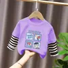Camiseta de Manga Larga 100% Algodón para Niño 2025 Primavera y Otoño Nueva Camiseta Falsa de Dos Piezas Cosida para Bebé Niño Top Casual