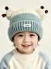 Gorro de punto de dos pompones con bloques de color de panda para niños, otoño e invierno, unisex, gorro de lana con bloques de color para bebé, lindo pompón, cálido para bebés