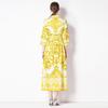 Moda Europeia e Americana 2024 Amarelo Elegante Cerâmica Esmaltada Estampada Versão Solta Calça com Bolso de Aba Camisa de Manga Média com Gola de Terno Saia Longa