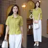 Conjunto de duas peças de camisa com lapela de renda e calça reta de nove pontos 2026 Verão, solto, modelador, respirável, versátil, para reduzir a idade