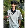 Camisa polo falsa de duas peças de manga curta estilo marido para homens, verão, estilo americano, ombro verdadeiro, caimento limpo, toque de alta qualidade, camiseta com meio zíper