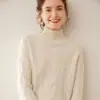 Tejido de punto 100% cachemira grueso y pesado para mujer, de cuello alto medio, tejido suelto, base de ropa de trabajo retro elegante