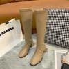 Botas largas pequeñas hasta la rodilla para mujer, otoño e invierno 2021, nuevas botas altas con punta cuadrada y forro polar, botas largas de tacón grueso y tacón alto