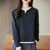 Suéter de Algodão Puro 100% Moda Versátil Gola Redonda, Camisa Base Tricô Solta Emagrecedora para Mulheres