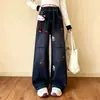 Nuevo estilo de jeans de pierna ancha con estampado de pedrería, corte holgado, efecto adelgazante, diseño de pierna recta, tiro alto, con lazo bordado y motivo de gato