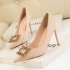 121-16 Moda Coreana Dulce Tacones Altos Zapatos de Mujer Tacón de Aguja Tacón Alto Boca Baja Puntiagudo Pedrería Hebilla Cuadrada Zapatos de Ante