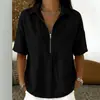 2026 Verano Nuevo Estilo Amazon Wish Comercio Exterior Transfronterizo Camisa para Mujer Moda Color Puro Cremallera Manga Corta Camiseta para Mujer