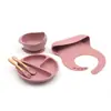 Set de Vajilla de Silicona para Bebé Bolsa Deslizante Comida Complementaria Alimentación Plato con Ventosa Tazón Plato de Cena Tenedor Cuchara de Entrenamiento Cuchara Tenedor con Mango de Madera