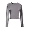 Ombligo Cuello Pequeño Hilo Agujero Raya Manga Larga Ajustado Corto Cintura Alta Color Sólido Camiseta Base Top Camiseta para Mujer
