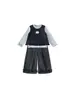 Conjunto de Tres Piezas para Niñas Bangxuan Ropa Infantil Primavera y Otoño Adorno de Volantes Manga Larga Chaleco de Encaje Pantalones a Cuadros Conjunto Infantil Estilo Academia