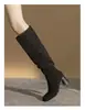 Novas Botas de Panturrilha Larga Botas Franzidas Emagrecedoras Salto Bloco Botas de Cano Alto Salto Alto Botas de Equitação Versáteis Botas Acima do Joelho Bico Redondo