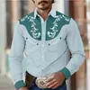 Camisa masculina floral retrô estilo western, casual de rua para uso diário ao ar livre, primavera/verão, colarinho de lapela, mangas compridas, tecido com elasticidade em quatro direções