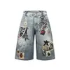 Calça Jeans Cropped com Design de Grafite Impresso em 3D Estilo Americano para Homens e Mulheres, Novos Shorts Largos Vintage para o Verão de 2026