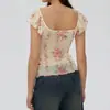 Blusa de Renda Floral com Gola Quadrada Estilo Francês e Mangas Curtas Leves para Mulheres, Barra Irregular, Cintura Ajustada, Camiseta Curta Slim Fit, Novo Estilo
