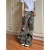 Calças Jeans Camufladas Lavadas Vintage Masculinas Vibe Estilo Americano High Street Logging Tubo Reto Solto Empilhamento Perna Larga Macacão